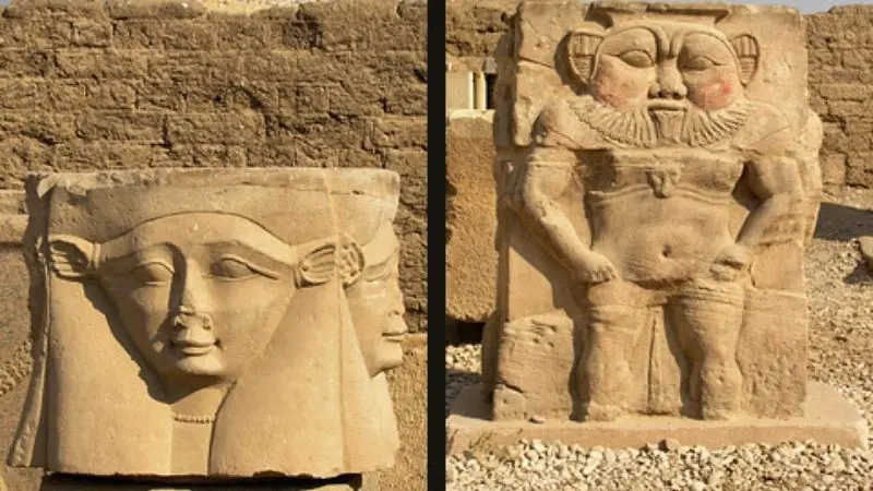 Temple of Dendera 16 The sculptures of Hathor and Bes