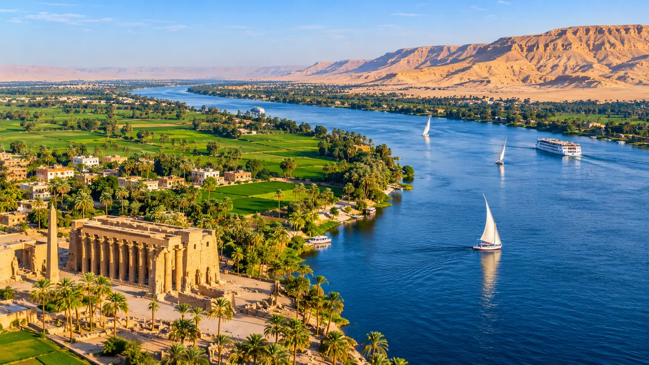 How-Long-Is the-Nile-River Aerial view of the Nile River flowing through green farmland and desert near Luxor, Egypt.