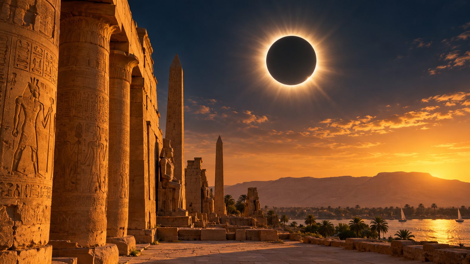 Egypt Solar Eclipse 2027: Complete Luxor Travel & Viewing Guide 1 AI-generated illustration of a total solar eclipse over ancient Egyptian temples and the Nile in Luxor, Egypt.